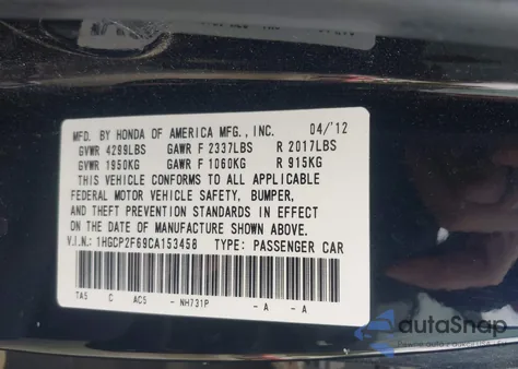 2012 Honda Accord 2.4 Se from USA, damaged, VIN 1HGCP2F69CA153458